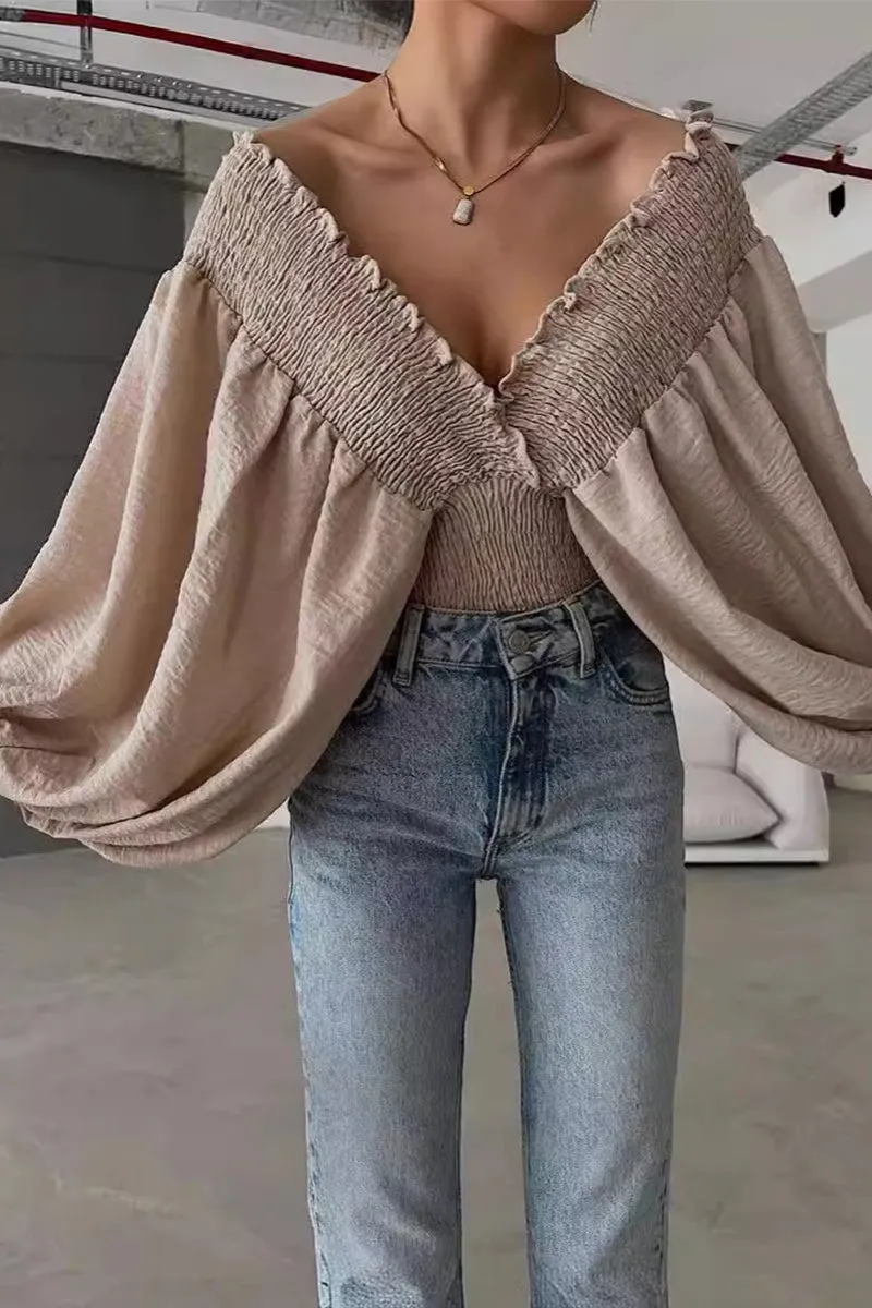 HTS1404 Romantic Flair Smocked Blouse Top