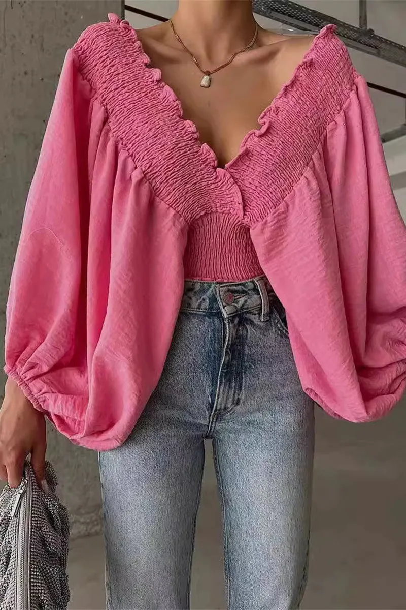 HTS1404 Romantic Flair Smocked Blouse Top