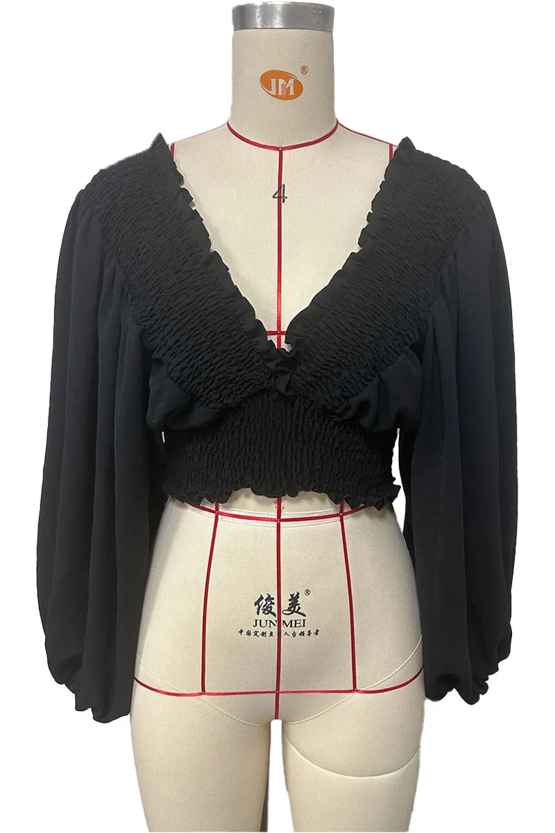 HTS1404 Romantic Flair Smocked Blouse Top