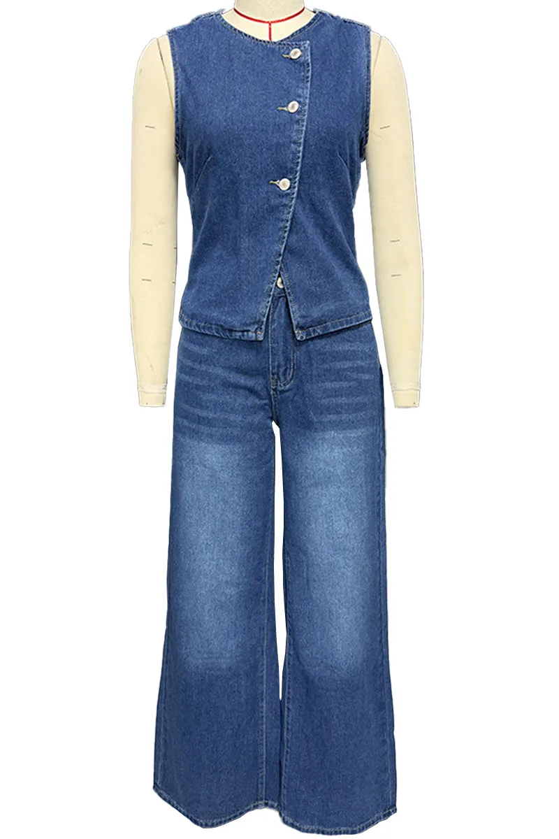 HUZ1077 Sleeveless Button-Up Top & High-Waisted Wide-Leg Jeans Set