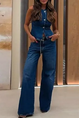 HUZ1077 Sleeveless Button-Up Top & High-Waisted Wide-Leg Jeans Set