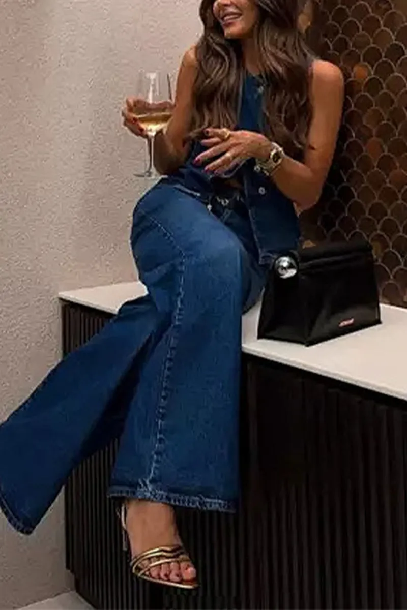 HUZ1077 Sleeveless Button-Up Top & High-Waisted Wide-Leg Jeans Set