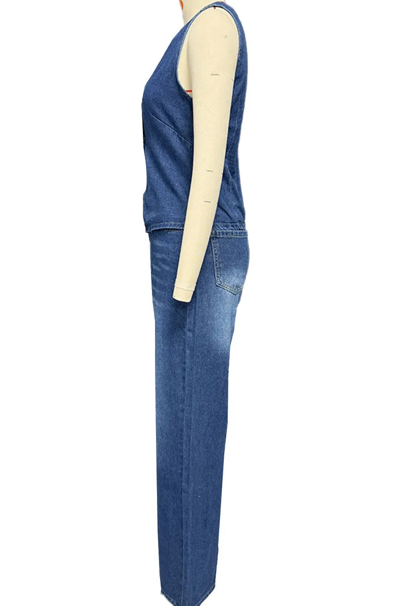 HUZ1077 Sleeveless Button-Up Top & High-Waisted Wide-Leg Jeans Set