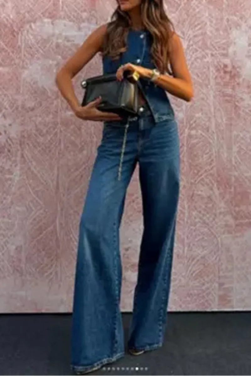 HUZ1077 Sleeveless Button-Up Top & High-Waisted Wide-Leg Jeans Set