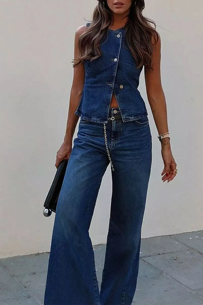 HUZ1077 Sleeveless Button-Up Top & High-Waisted Wide-Leg Jeans Set