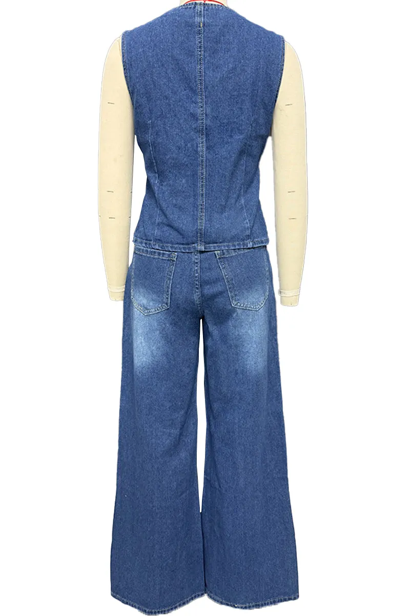 HUZ1077 Sleeveless Button-Up Top & High-Waisted Wide-Leg Jeans Set