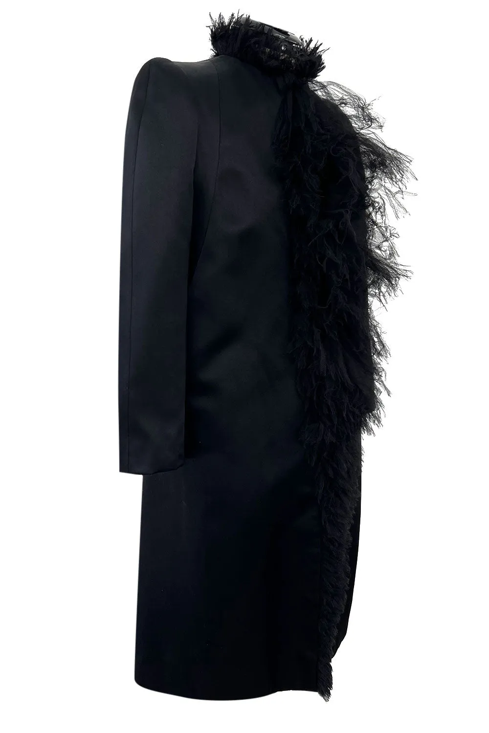 Iconic Fall 2000 Chanel by Karl Lagerfeld Haute Couture Black Silk Tulle Ruffle Evening Coat