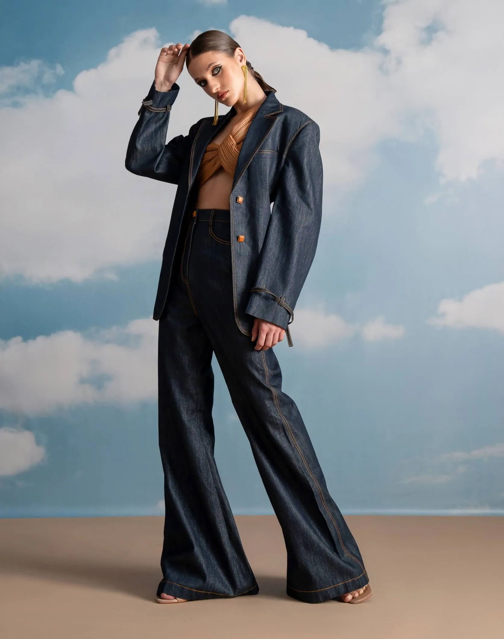 Indigo hemp denim pantsuit set
