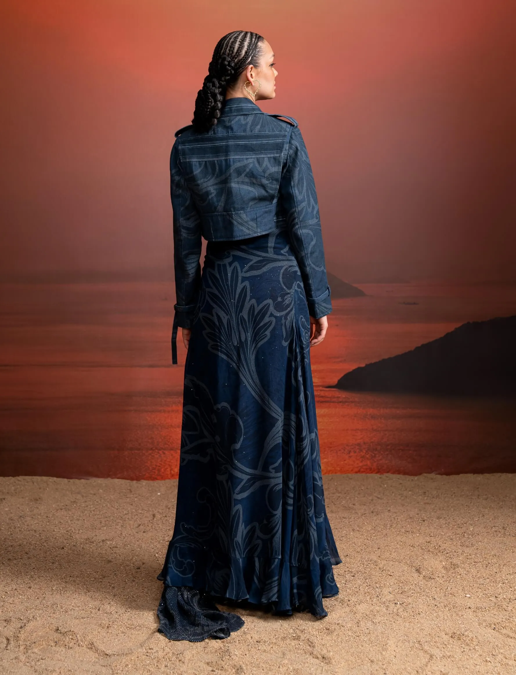 Indigo swirl printed crop top, skirt and jacket