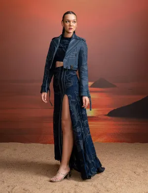 Indigo swirl printed crop top, skirt and jacket