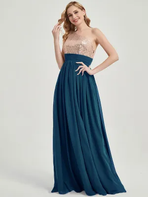 Ink Blue One-Shoulder Sleeveless Chiffon Sequin Maxi Bridesmaid Dress
