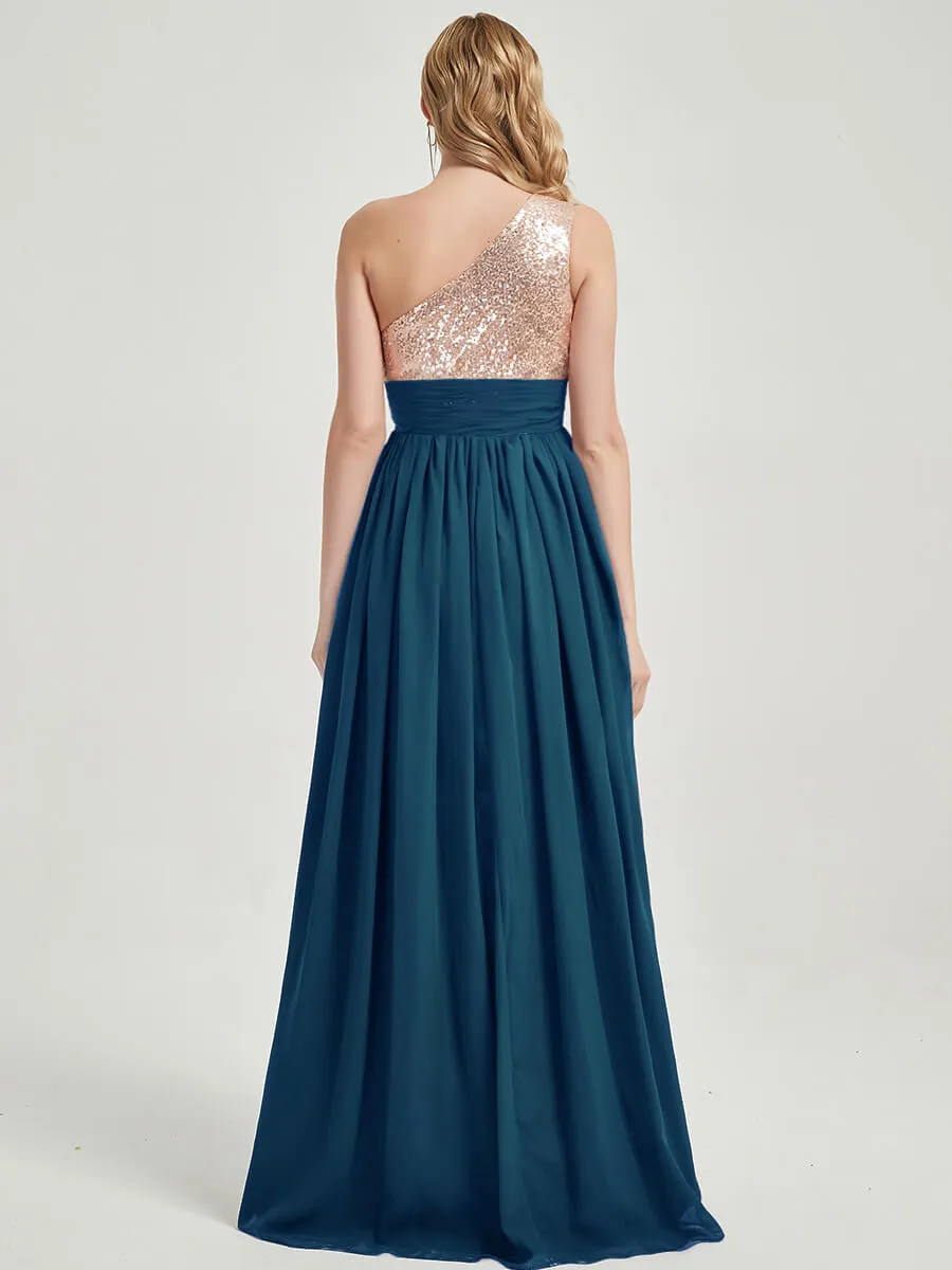 Ink Blue One-Shoulder Sleeveless Chiffon Sequin Maxi Bridesmaid Dress