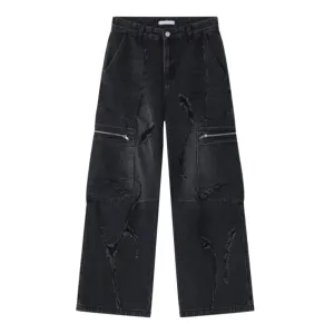 Irregular Hole Solid Color Cargo Jeans