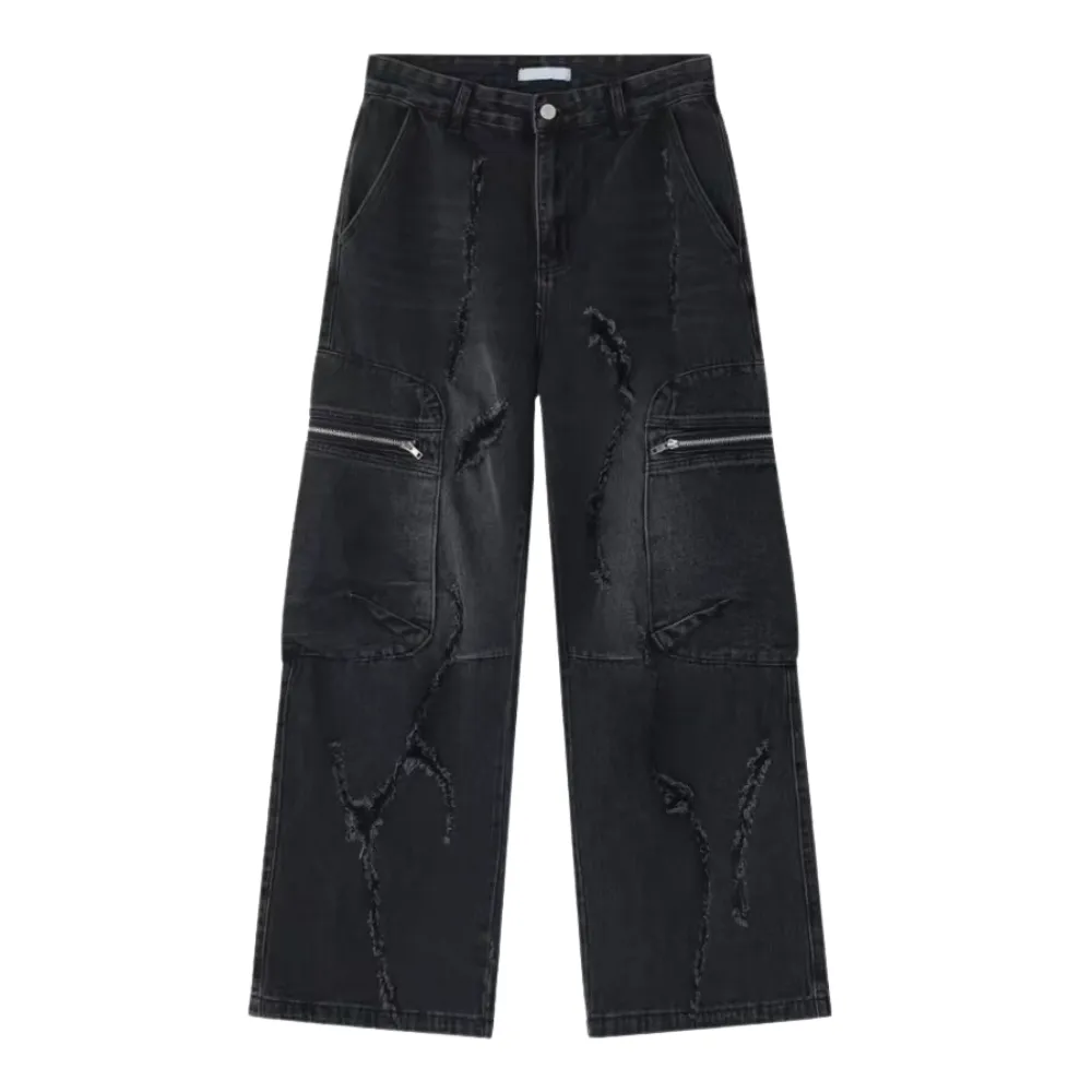 Irregular Hole Solid Color Cargo Jeans