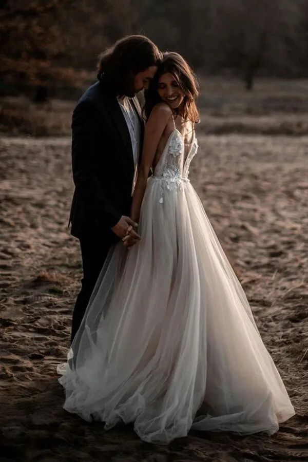 Ivory A-line Deep V-neck Backless Appliqued Wedding Dresses, Bridal Gown, SW493