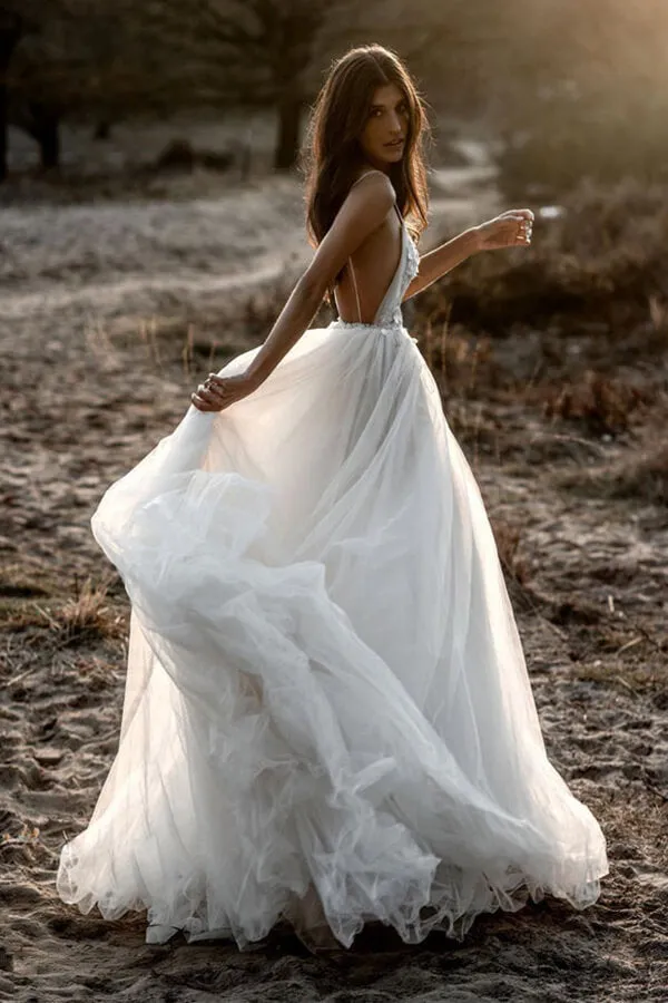 Ivory A-line Deep V-neck Backless Appliqued Wedding Dresses, Bridal Gown, SW493