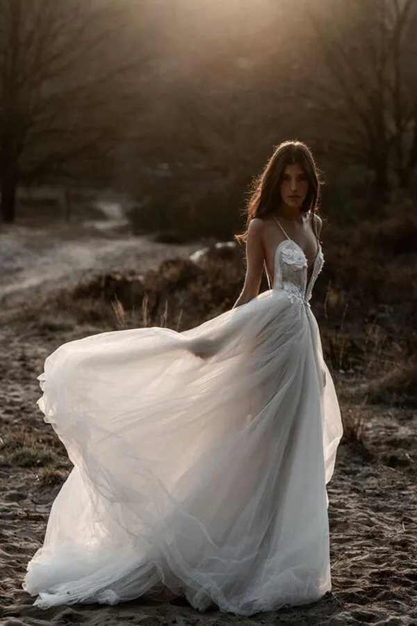 Ivory A-line Deep V-neck Backless Appliqued Wedding Dresses, Bridal Gown, SW493