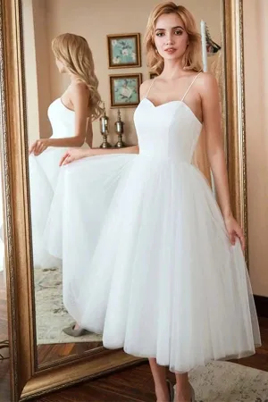 Ivory A-line Tulle Spaghetti Straps Short Wedding Dresses, Wedding Gown, SW507