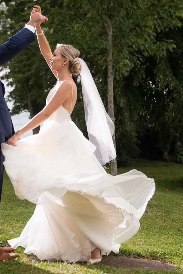 Ivory Chiffon A-line V-neck Backless Sweep Train Beach Wedding Dresses, SW429
