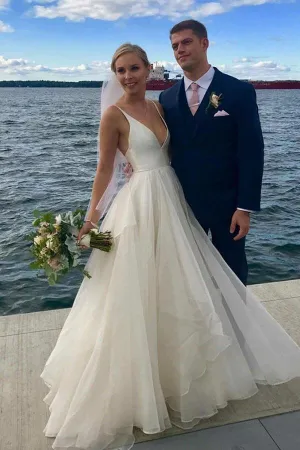 Ivory Chiffon A-line V-neck Backless Sweep Train Beach Wedding Dresses, SW429