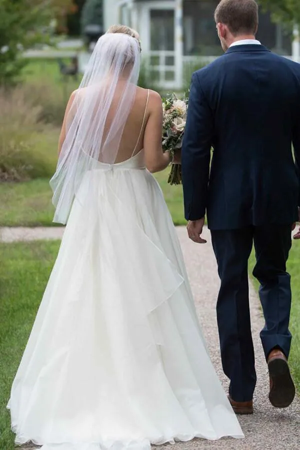Ivory Chiffon A-line V-neck Backless Sweep Train Beach Wedding Dresses, SW429