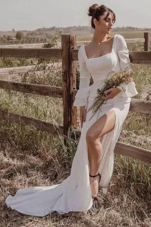 Ivory Chiffon Mermaid Square Neck Long Sleeves Wedding Dresses, MW1080