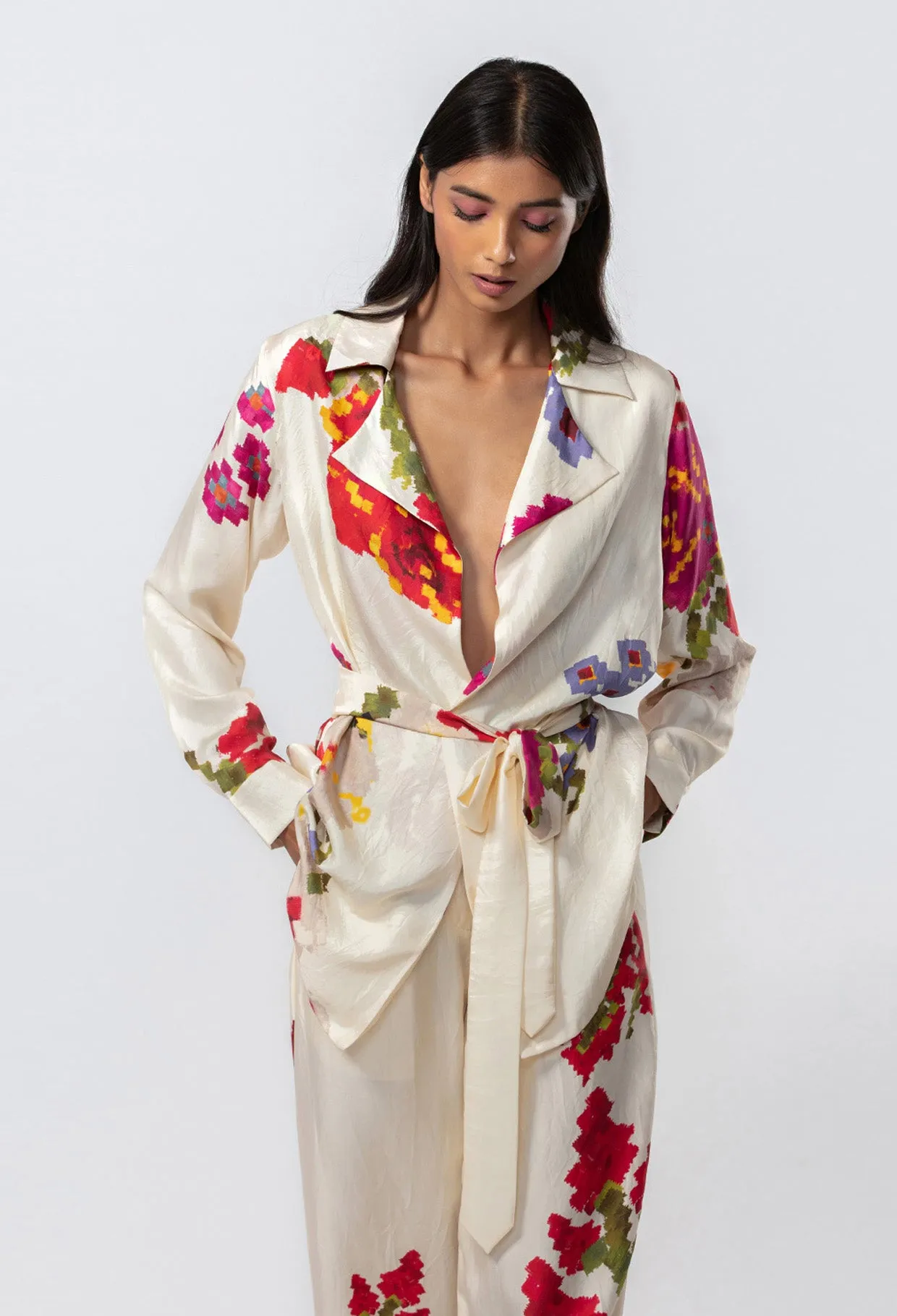 Ivory floral printed jacket and pants