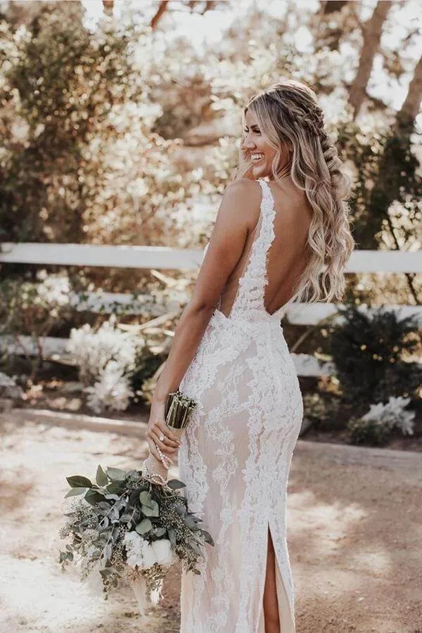 Ivory Lace Mermaid V-neck Floor-length Wedding Dresses, Bridal Gowns, SW460