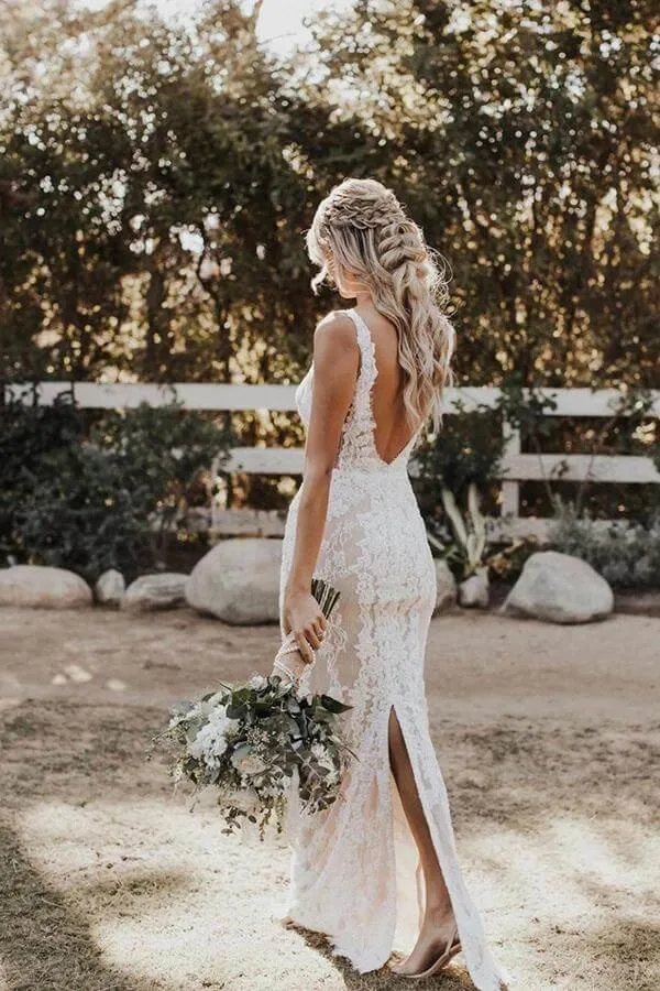 Ivory Lace Mermaid V-neck Floor-length Wedding Dresses, Bridal Gowns, SW460