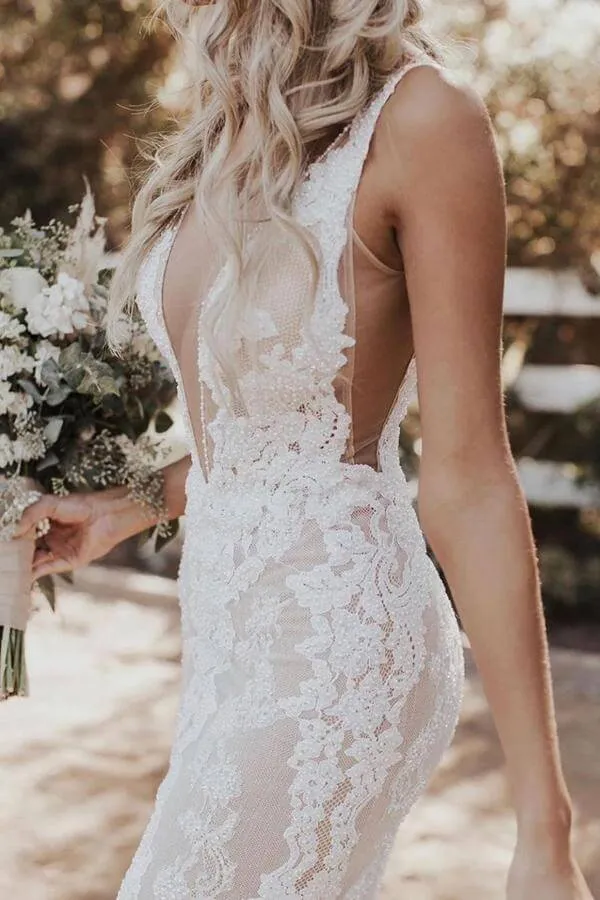 Ivory Lace Mermaid V-neck Floor-length Wedding Dresses, Bridal Gowns, SW460