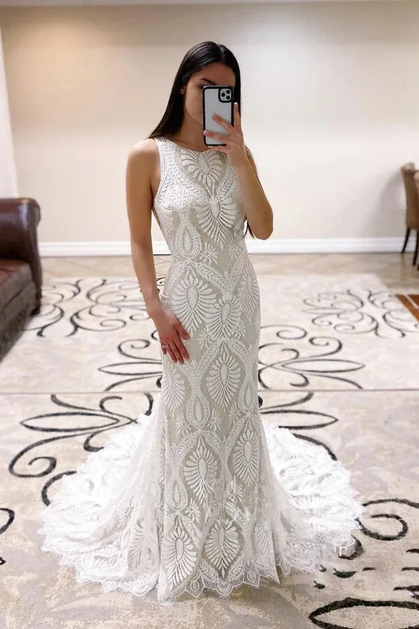 Ivory Lace Sheath Open Back Wedding Dresses With Court Train, Bridal Gown, SW534