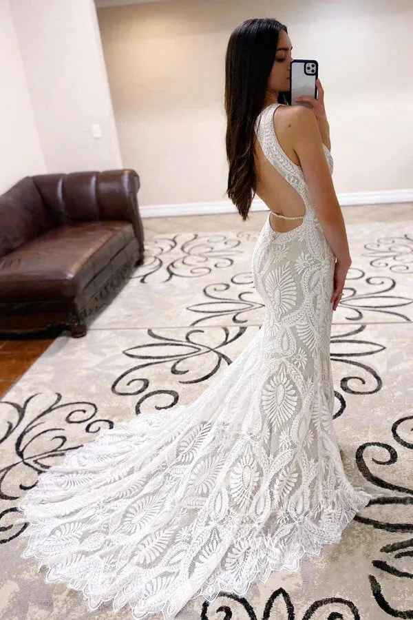 Ivory Lace Sheath Open Back Wedding Dresses With Court Train, Bridal Gown, SW534