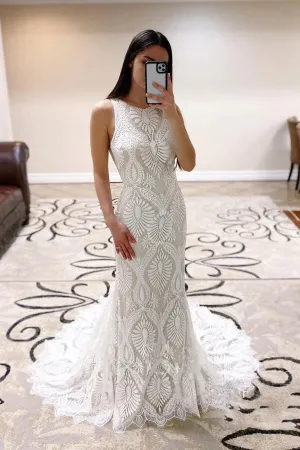 Ivory Lace Sheath Open Back Wedding Dresses With Court Train, Bridal Gown, SW534