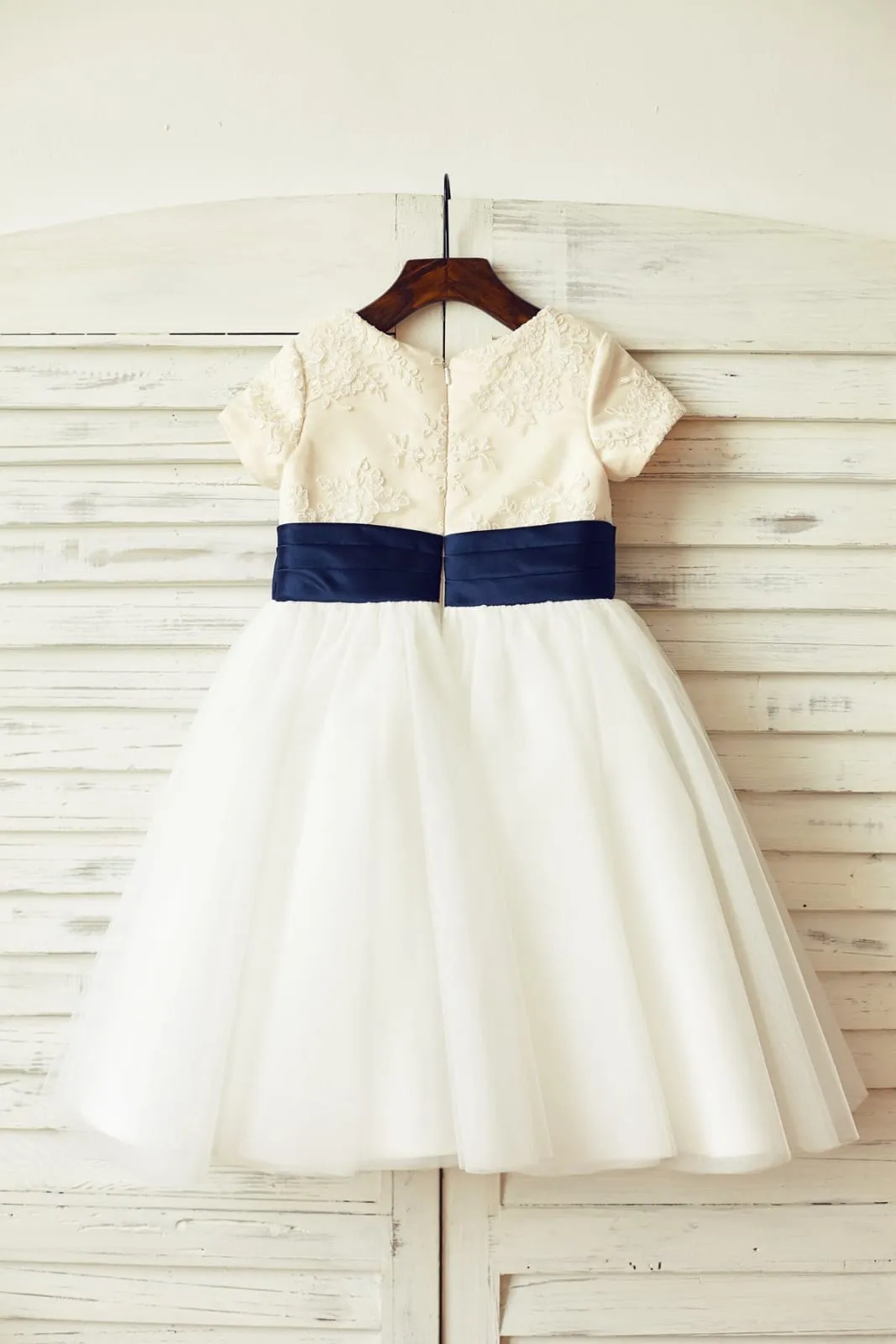 Ivory Lace Tulle Short Sleeves Flower Girl Dress, Bow