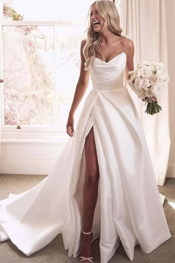 Ivory Satin A-line Strapless Court Train Wedding Dresses With Thigh Slit, MW674