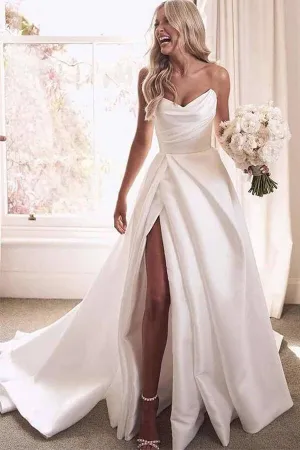Ivory Satin A-line Strapless Court Train Wedding Dresses With Thigh Slit, MW674