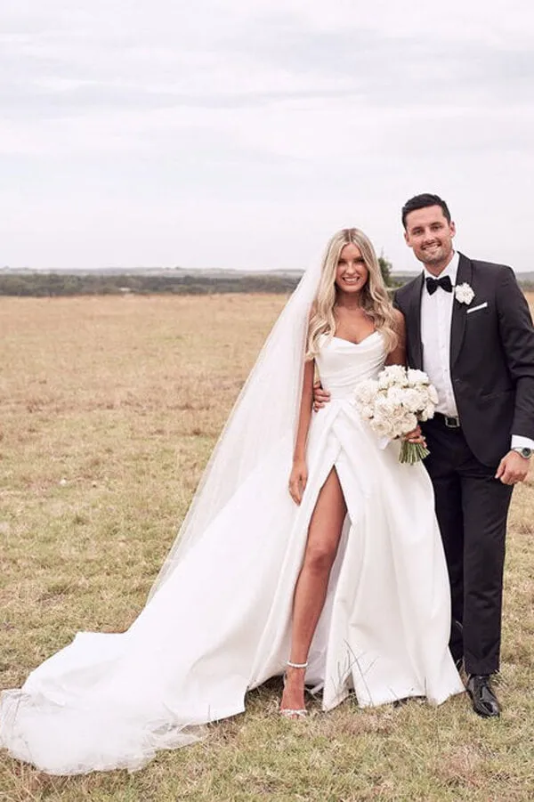 Ivory Satin A-line Strapless Court Train Wedding Dresses With Thigh Slit, MW674