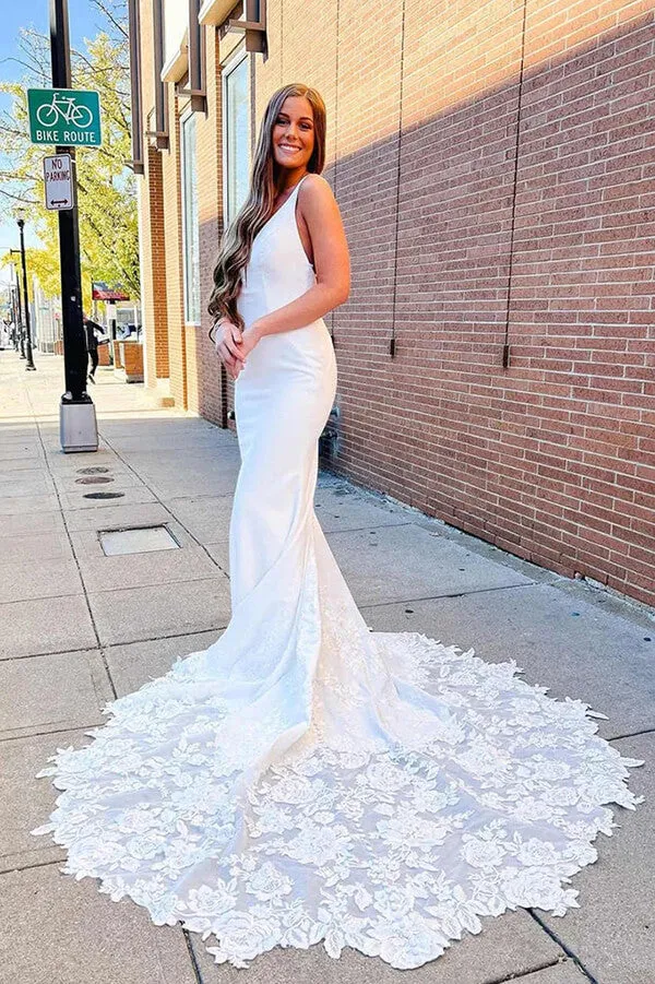 Ivory Satin Mermaid V-neck Lace Appliques Wedding Dresses, Bridal Gown, SW598