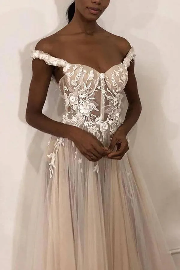Ivory Tulle A-line Off-the-Shoulder Wedding Dresses With Lace Appliques, SW632
