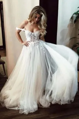 Ivory Tulle A-line Off-the-Shoulder Wedding Dresses With Lace Appliques, SW632