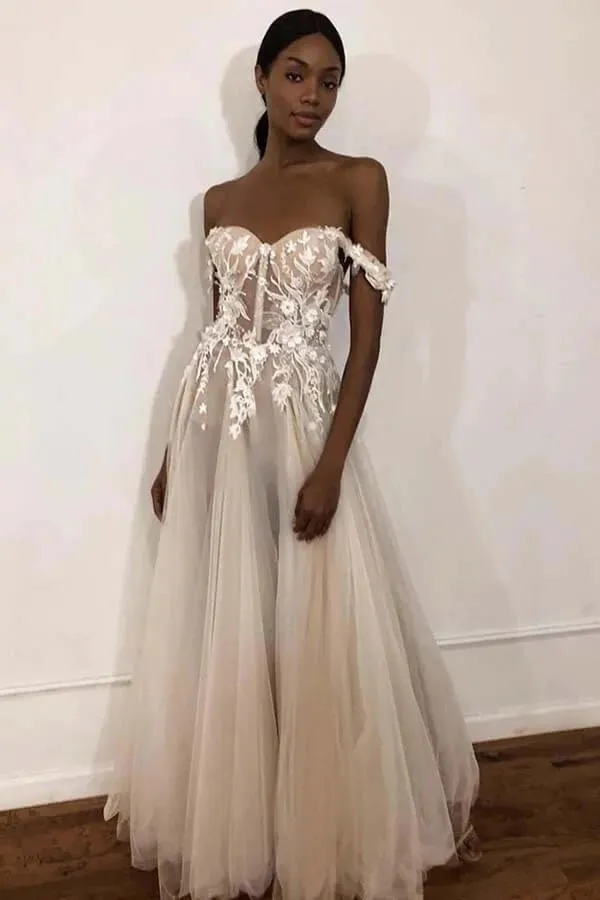 Ivory Tulle A-line Off-the-Shoulder Wedding Dresses With Lace Appliques, SW632