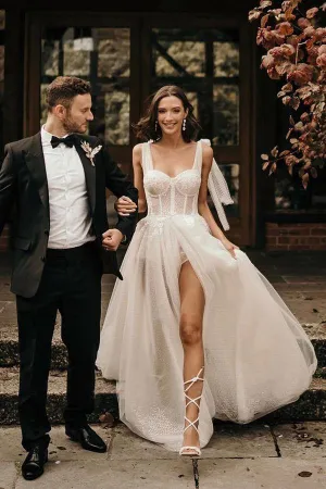 Ivory Tulle Lace A-line Sweetheart Wedding Dresses With Sweep Train, SW533