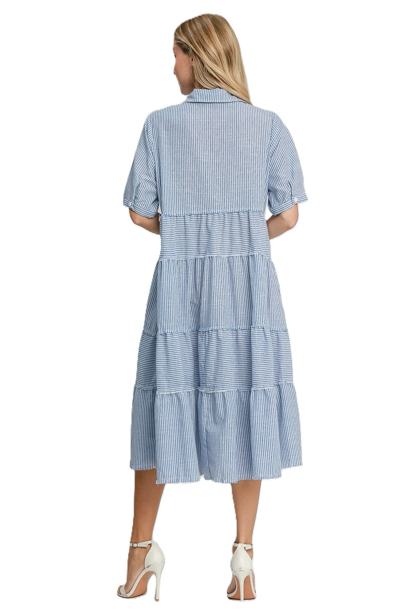 Jade & White Stripe Tiered A-Line Maxi Dress with Short Ballon Sleeve