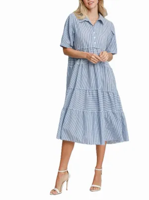 Jade & White Stripe Tiered A-Line Maxi Dress with Short Ballon Sleeve