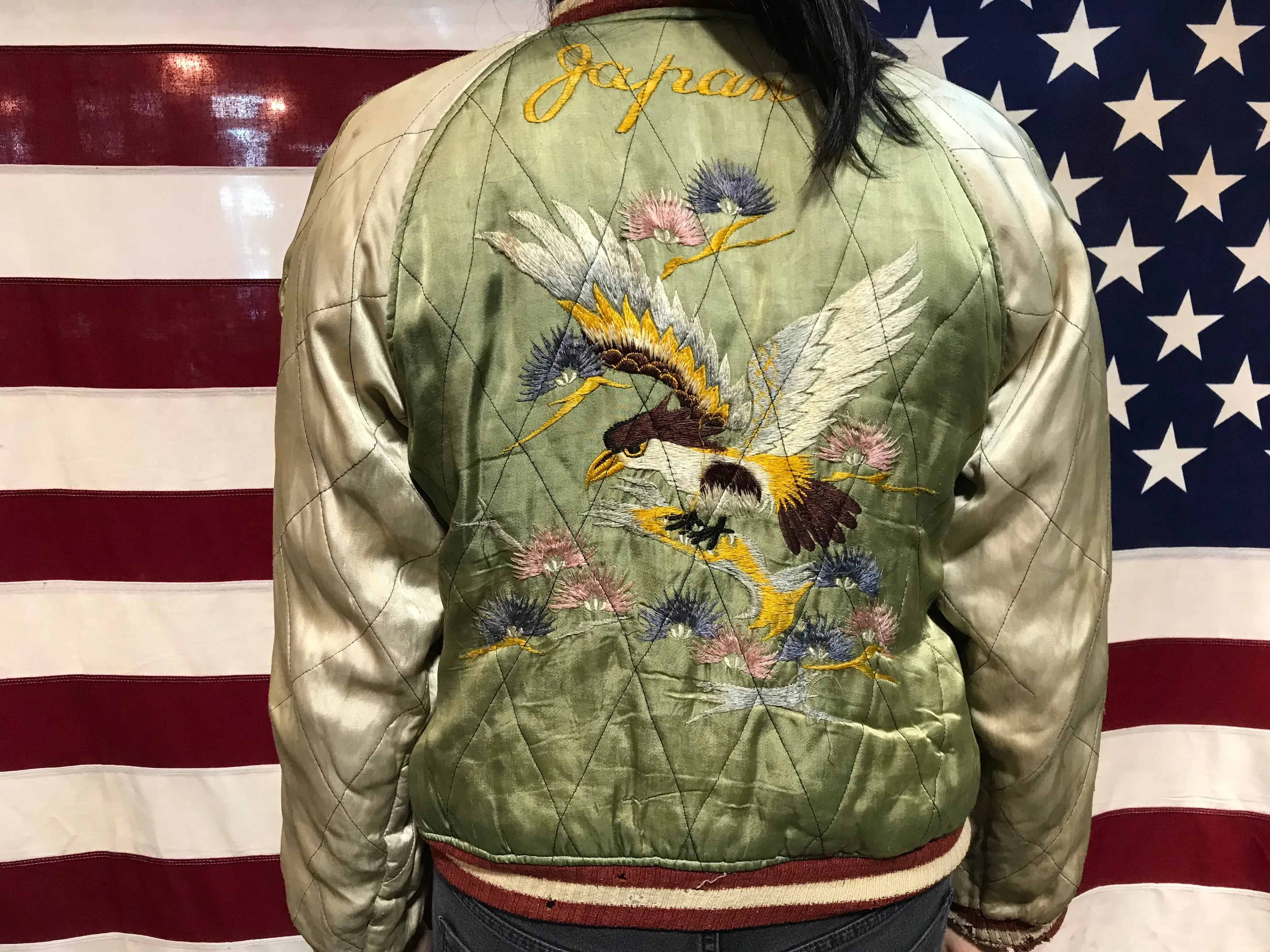 Japenese Vintage Rare 1940’s Embroidered Souvenir Sukajan Reversible Satin Bomber Jacket