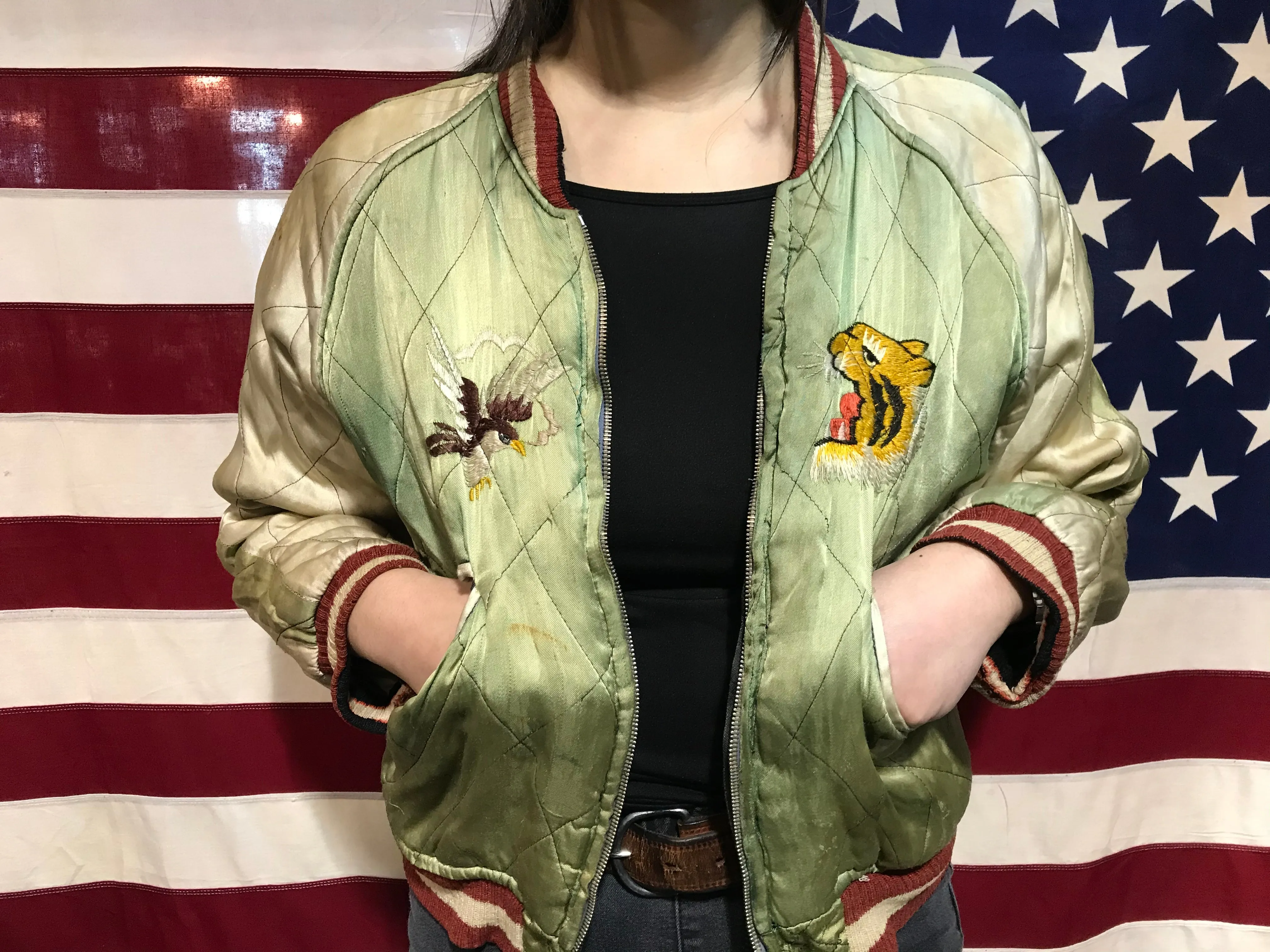Japenese Vintage Rare 1940’s Embroidered Souvenir Sukajan Reversible Satin Bomber Jacket