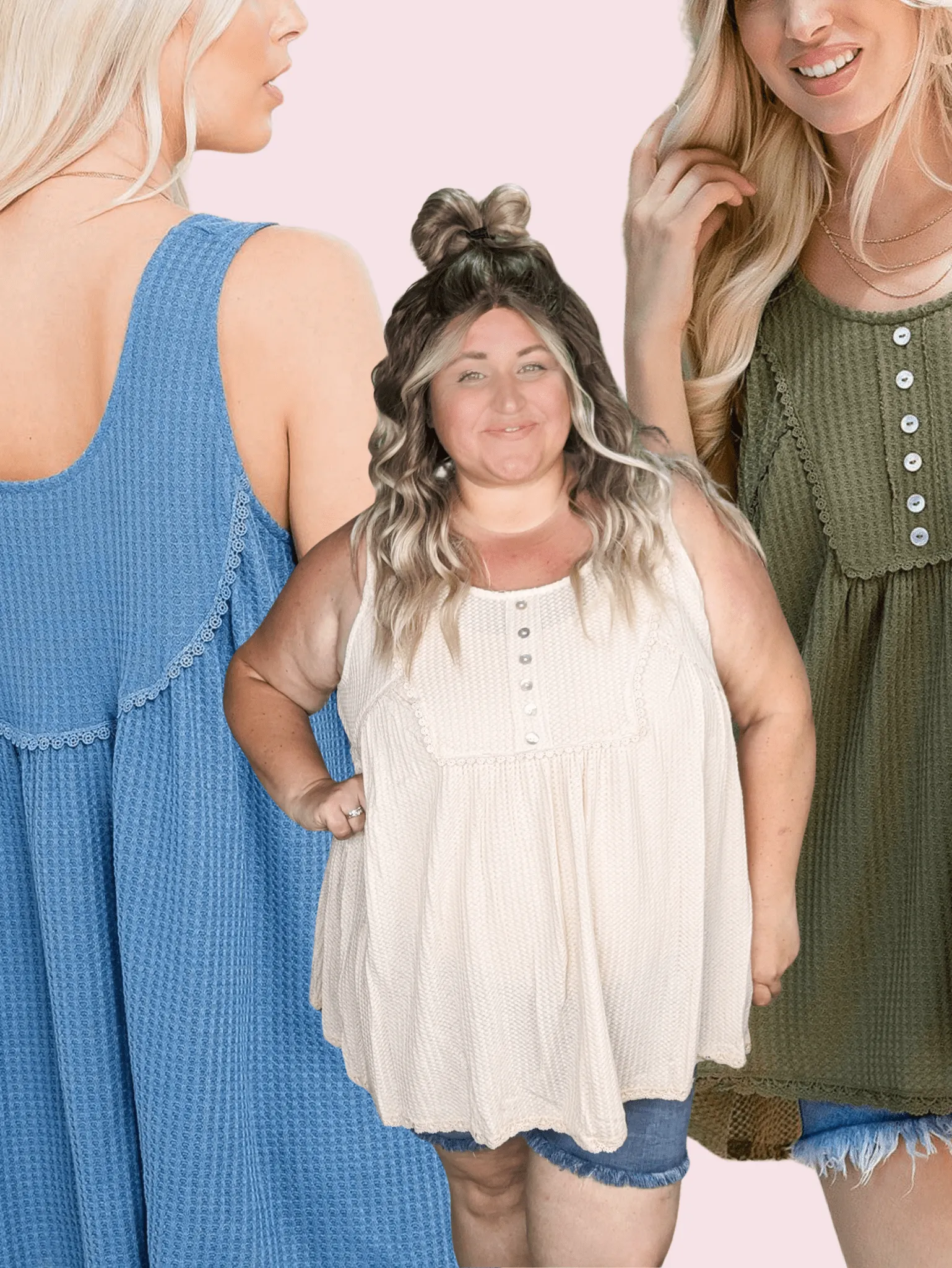 Jaycee Lace Trim Flowy Button Tank in Waffle Solids