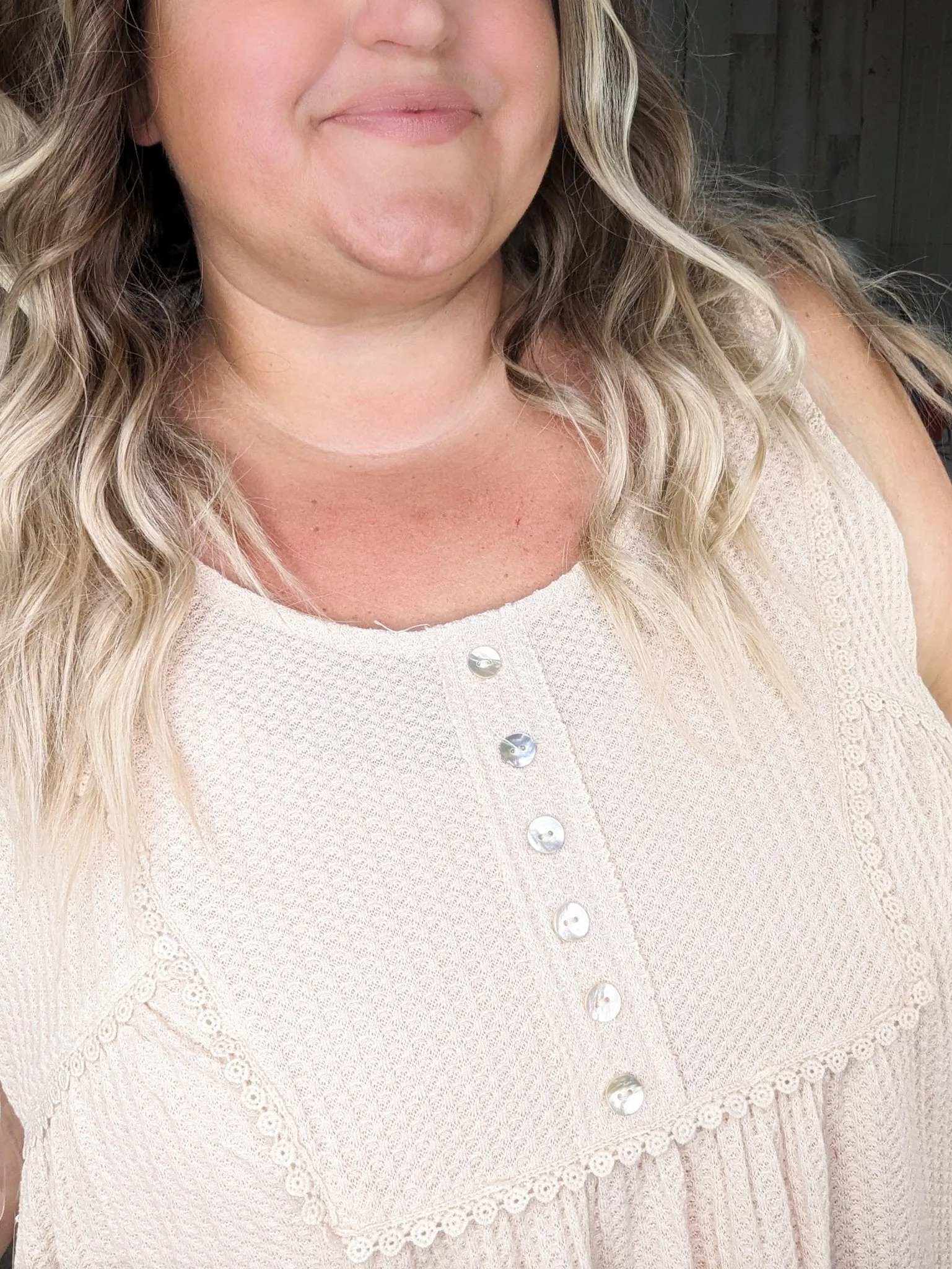 Jaycee Lace Trim Flowy Button Tank in Waffle Solids