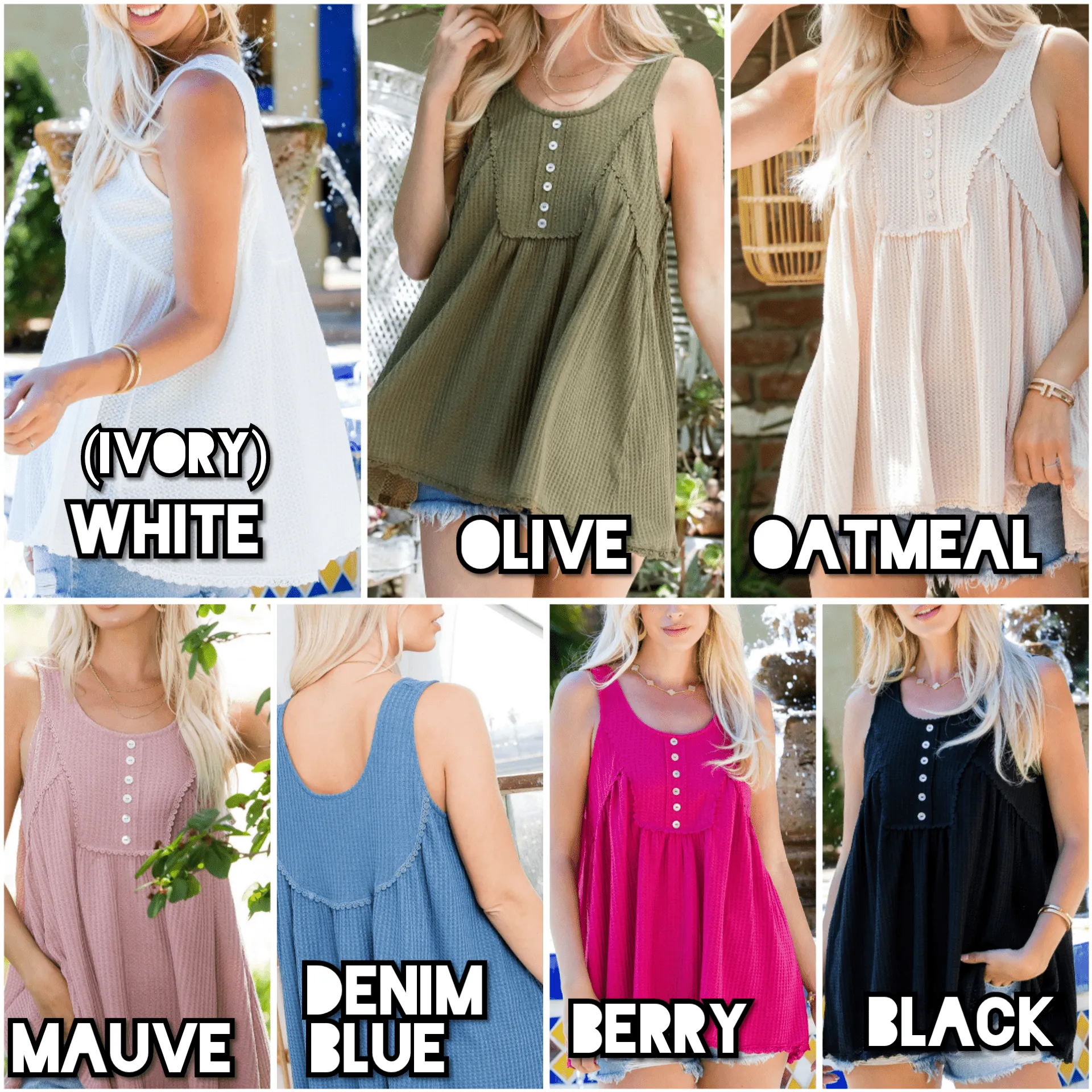 Jaycee Lace Trim Flowy Button Tank in Waffle Solids