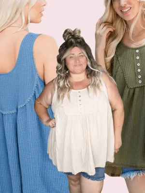 Jaycee Lace Trim Flowy Button Tank in Waffle Solids